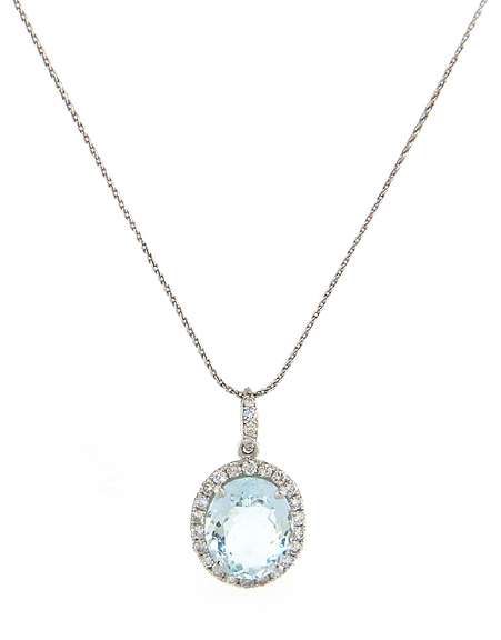 Lovely White Gold oval Aquamarine and Diamond Frame Pendant on Chain