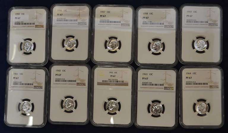 1955-1964 Run Of Proof Roosevelt Dimes NGC MS67