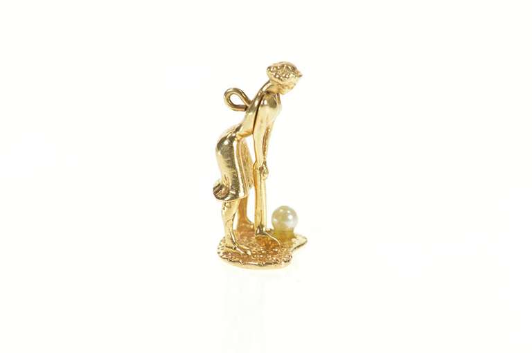 14K Yellow Gold 1960's Retro 3D Golfer Lady Pearl Charm/Pendant