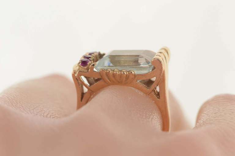 14K Yellow Gold 5.86 Ctw Aquamarine Ruby 1930's Statement Ring