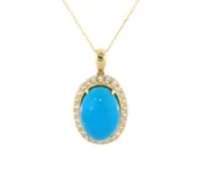 Stunning Yellow Gold oval Turqouise and Diamond Frame on Chain