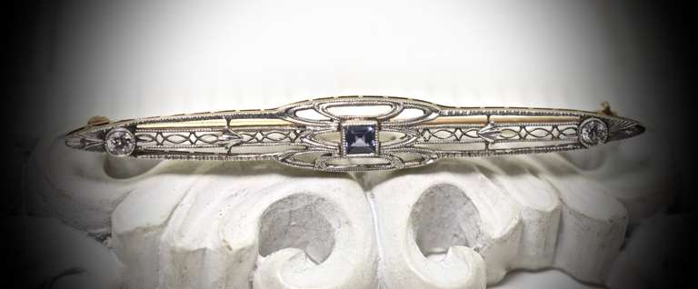 Sweet Vintage Filigree Bar Pin with Sapphire & Diamond