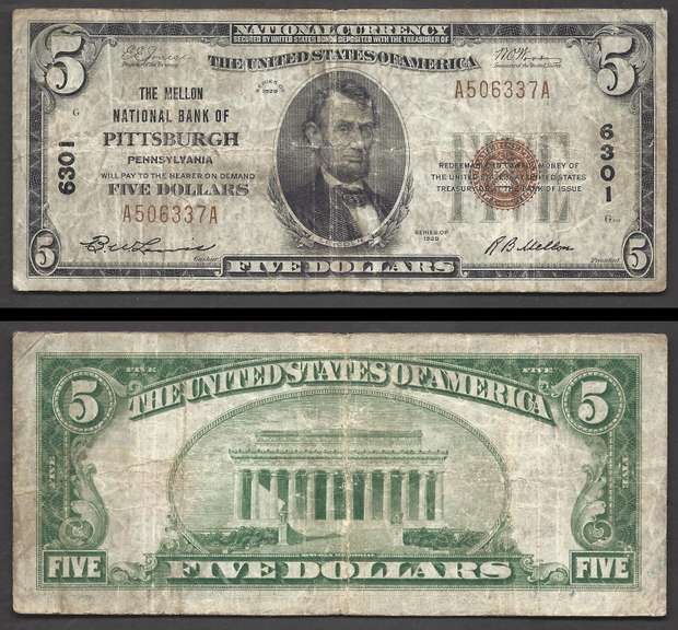 $5 1929-I Mellon National Bank of Pittsuburgh PA.