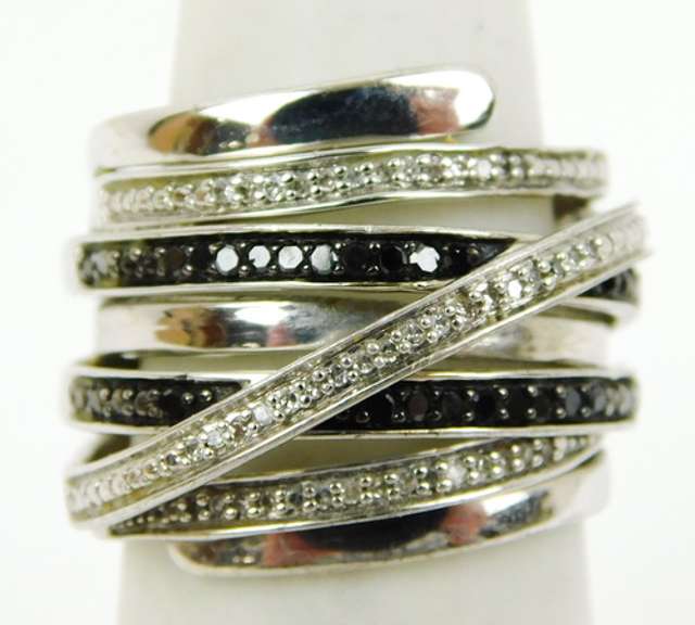 Fabulous Wide White & Black Diamonds Sterling Ring, 6