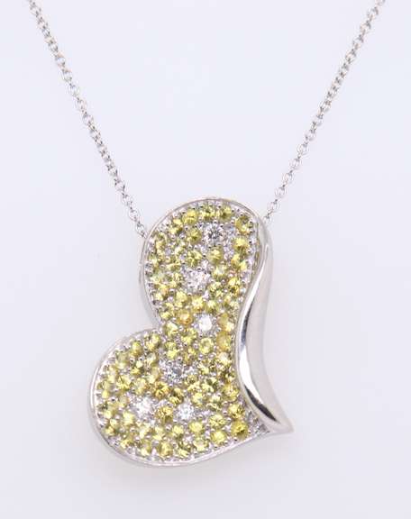 Sparkling White Gold Yellow Sapphire and Diamond Freeform Heart Pendant on Chain