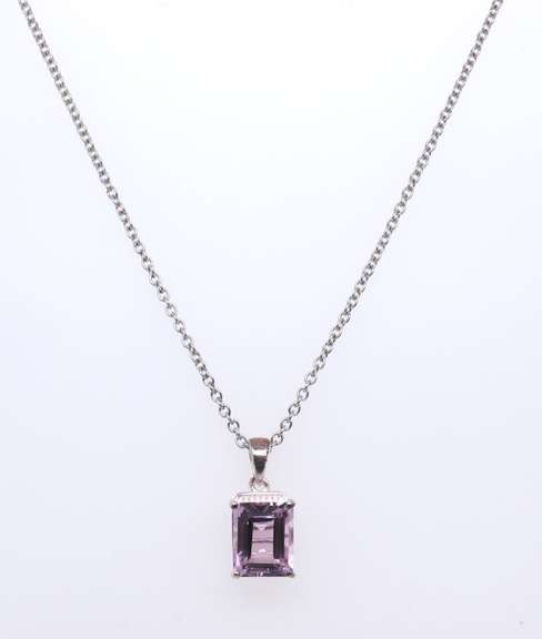 Sterling Silver Emerald Cut Amethyst Pendant on Chain