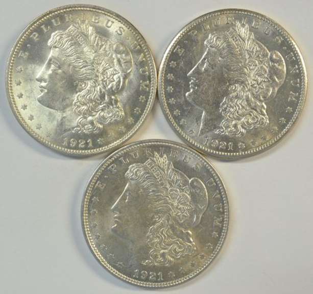 Flashy BU 1921 P-D-S Morgan Silver Dollars. Nice