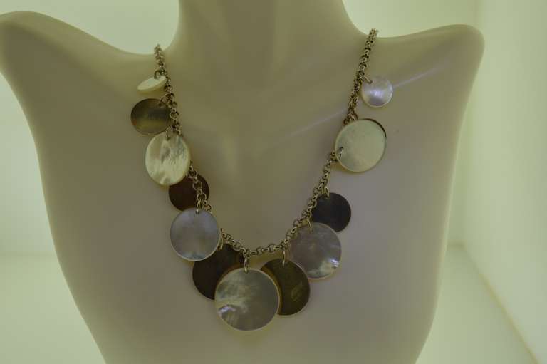 Sterling Silver Mother Of Pearl And Silver Disk Necklace