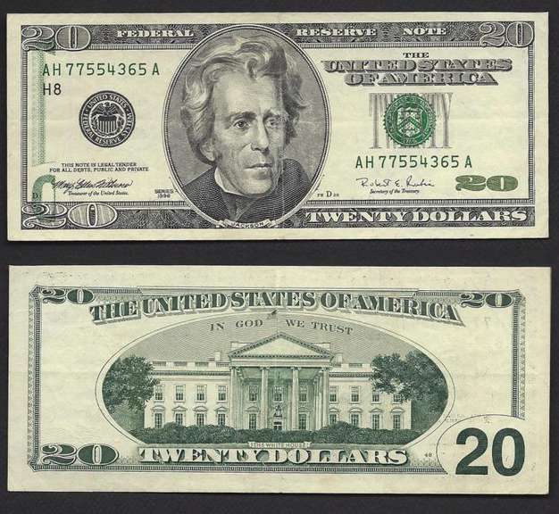 $20 1996= FRN PARTIAL OFFSET= BACK TO FRONT=VF