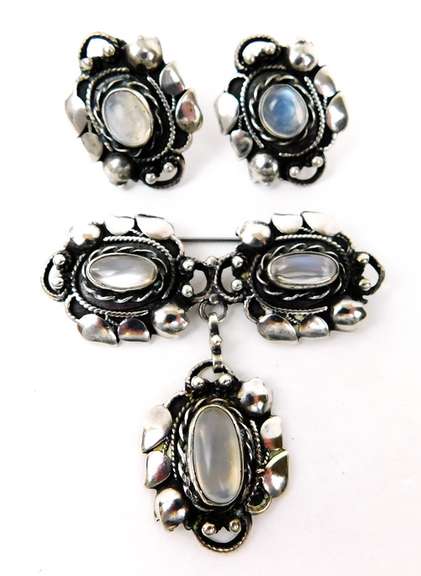 Early Sterling Moonstone Brooch & Earrings