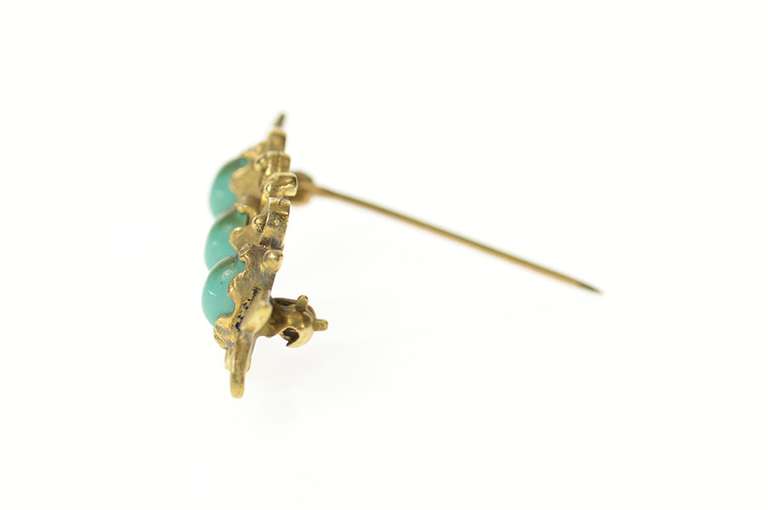 14K Yellow Gold Oval Turquoise Retro Leaf Scroll Bar Pin/Brooch