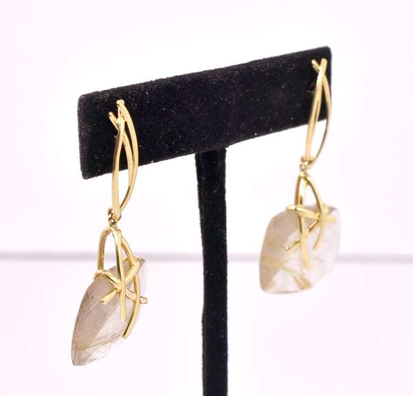 Fancy & Unique Rubilated Quartz Earrings, 18KT