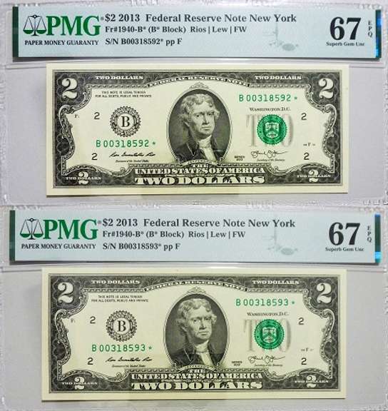 (2) Superb Gem Crisp 2013 $2 Star Notes FRB NY PMG 67 EPQ-Consecutive!