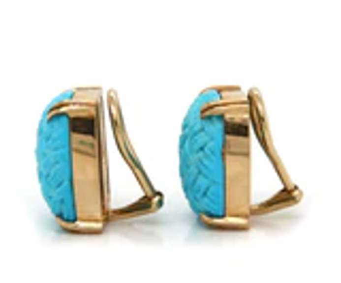Stunning Carved Turquoise Rectangle Shaped Earrings in Yellow Gold