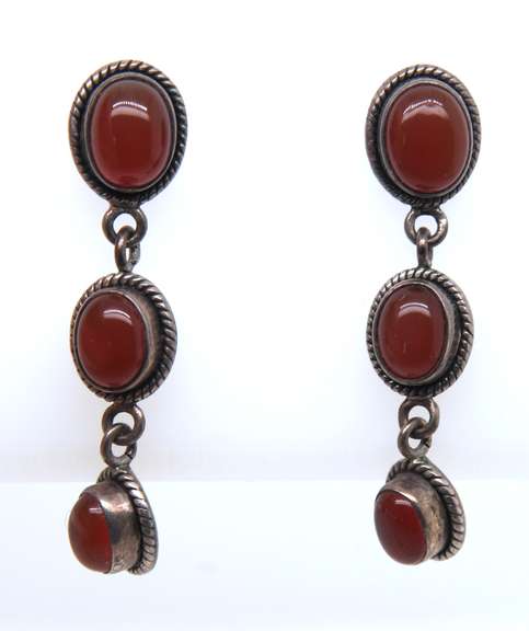 Vintage Sterling Silver India Amber Dangle Earrings