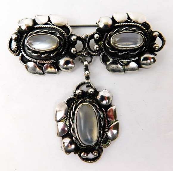 Early Sterling Moonstone Brooch & Earrings