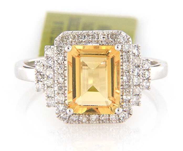 Wonderful White Gold Emerald Cut Citrine and Diamond Ring