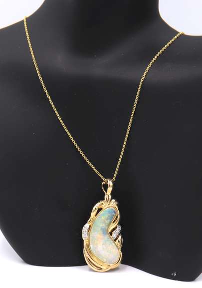 Attractive Yellow Gold Bean Shaped Opal and Diamond Pendant on Chain