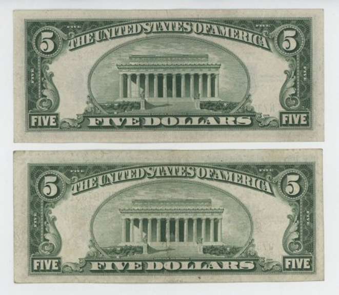 2 Crisp Uncirculated 1934 Series $5 Blue Seal Silver Certs