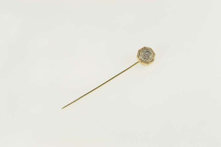 14K Yellow Gold Art Deco Diamond Ornate Etched Squared Stick Pin