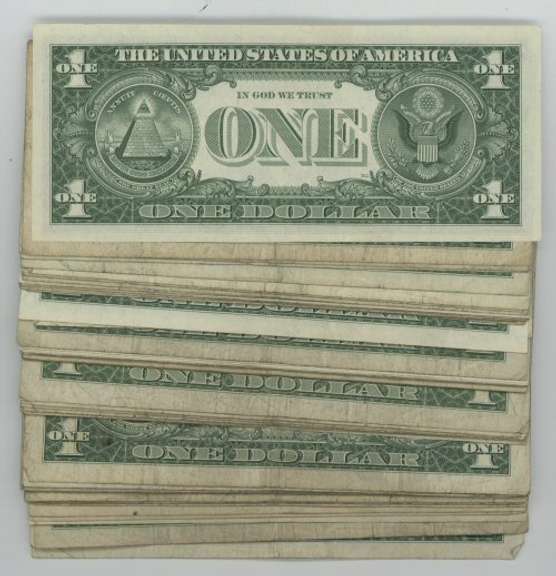 Large lot of 58 Series of 1935 $1 Blue Seal Silver Certificates