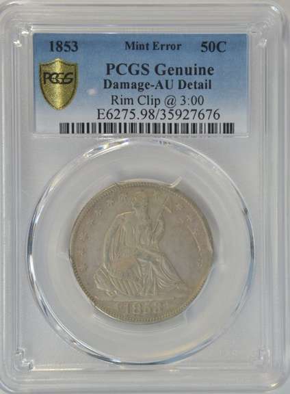 Mint Error 1853 Arrows & Rays Seated Liberty Half. PCGS AU Details