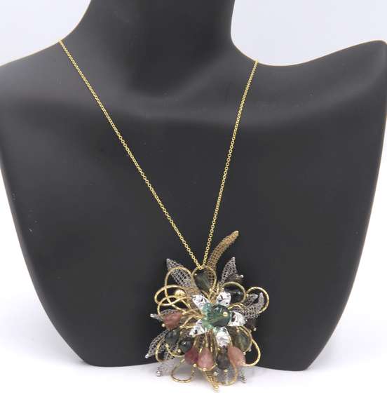 Significant Yellow Gold Italian Tour and Quartz Woven Pendant on Chain