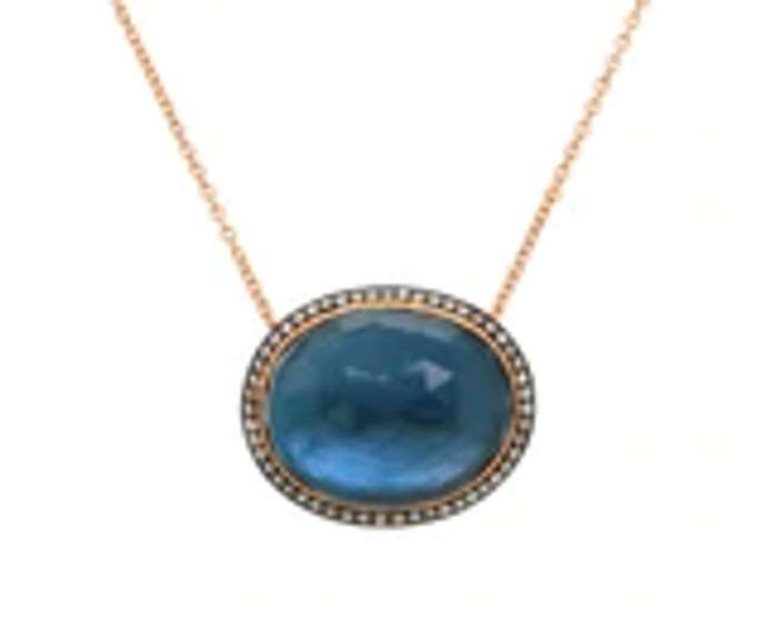 Fabulous 18kt oval Checkerboard Blue Topaz Mop and Diamond Frame Pendant on Chain