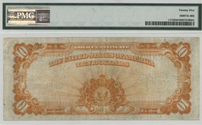 Choice VF 1922 Series Large Size $10 Gold Cert. PMG-25
