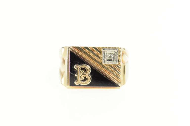 10K Yellow Gold Squared B Monogram Black Onyx Diamond Ring