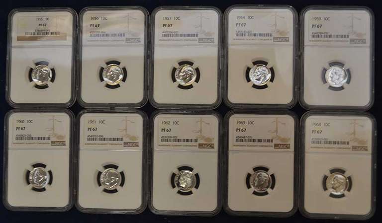 1955-1964 Run Of Proof Roosevelt Dimes NGC MS67