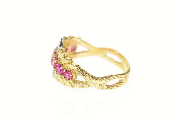 10K Yellow Gold Retro Syn. Ruby Diamond Floral Petal Band Ring
