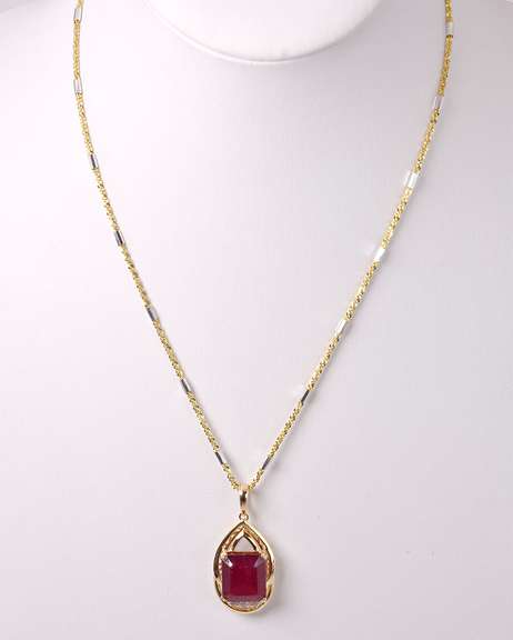 Radiant 15.44CTS Ruby & 0.13CTW Diamond Pendant Necklace in Gold Plated Sterling Silver