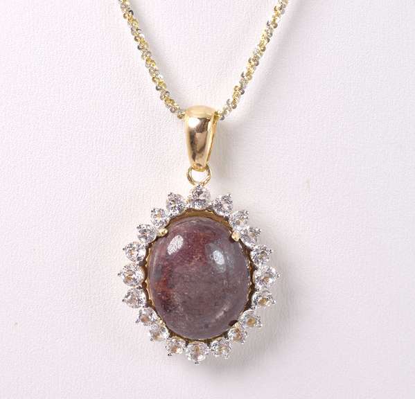 Sensational 23.51CTS Cabochon-Cut Star Ruby & 2.40CTW White Topaz Pendant Necklace in Gold Plated Sterling Silver