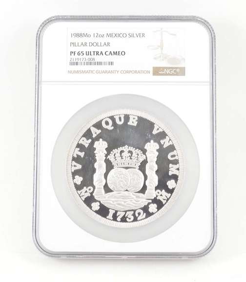 PF65 UCAM 1988MO Mexico 12 Oz Silver - Pillar Dollar - Graded NGC