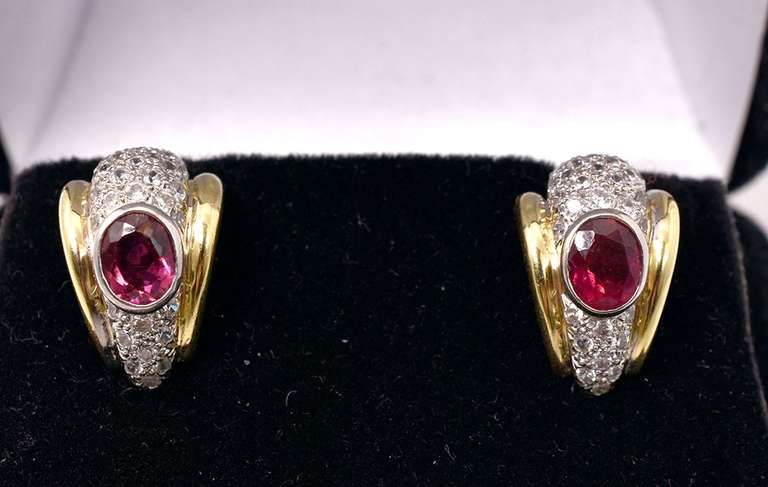 Tasteful Rubellite Tourmaline and Diamond Earrings in 18K Two-Tone Gold