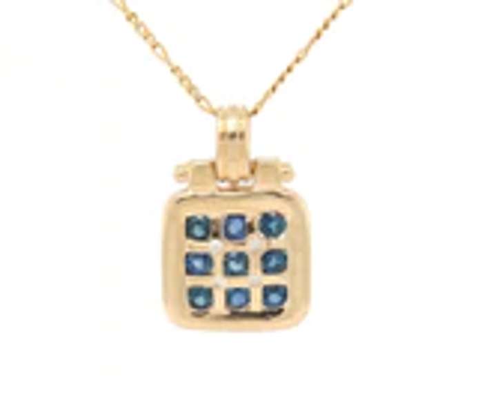 Attractive Yellow Gold Sapphire and Diamond Square Pendant on Chain