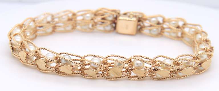 Vintage Yellow Gold Pearl Woven Link Bracelet