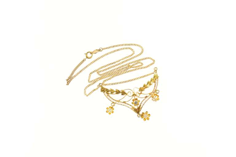 14K Yellow Gold Victorian Diamond Filigree Dangle Fringe Necklace