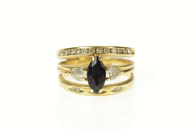 10K Yellow Gold Marquise Sapphire Diamond Bridal Set Ring