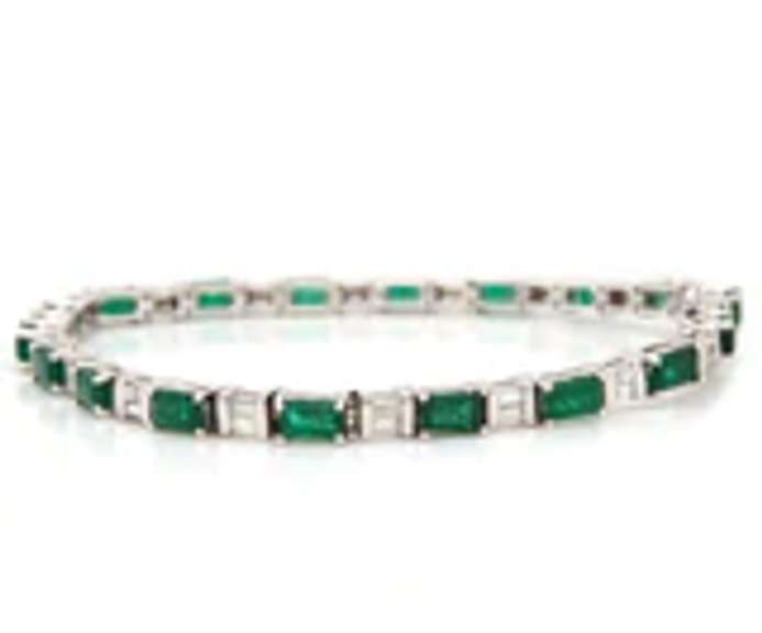 Eyecatching White Gold Emerald Cut Emerald and Baguette Diamond Bracelet