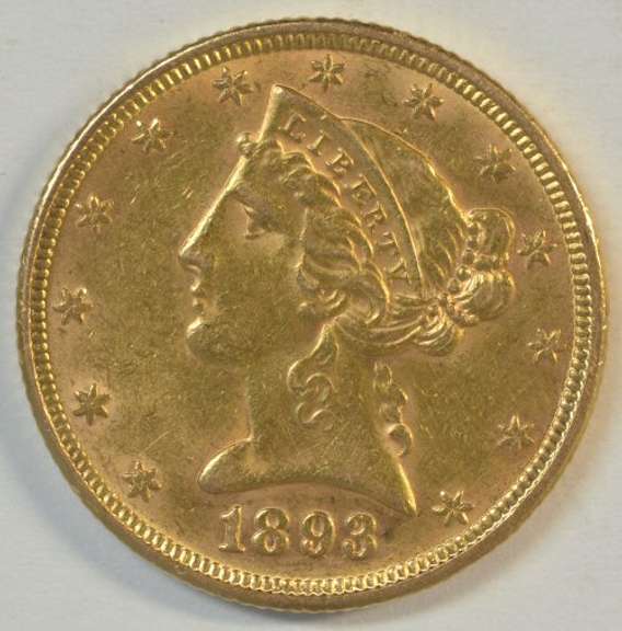 Lustrous 1893 US $5 Liberty Gold Piece in AU