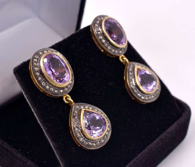 Darling Dangling 34.66CTW Amethyst & 0.51CTW Diamond Earrings in Gold Plated Sterling Silver