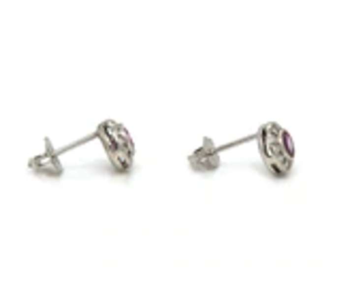 Charming White Gold Pink Sapphire and Diamond Halo Stud Earrings