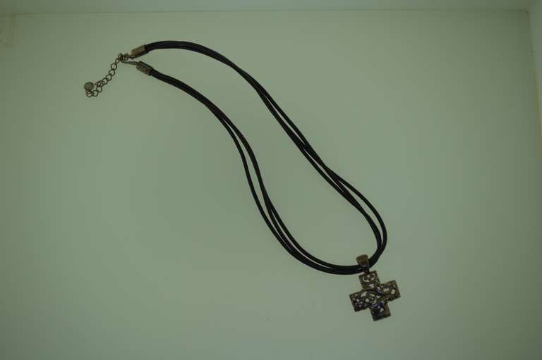 Sterling silver Cross Pendant Black Leather cords Chocker