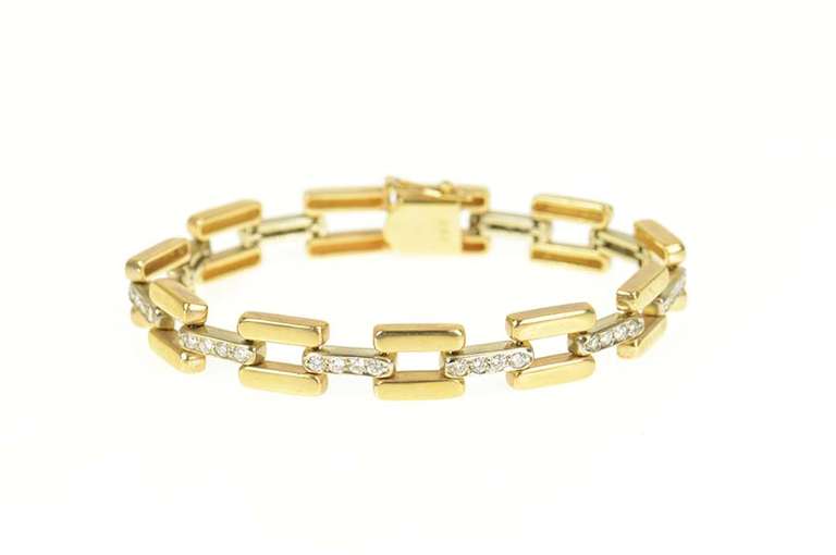 14K Yellow Gold 1.20 Ctw Diamond Two Tone Bar Link Chain Bracelet
