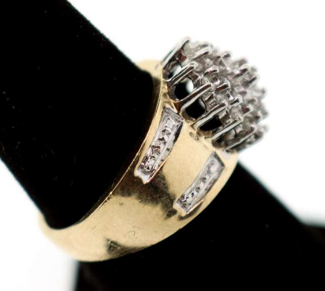 Powerful Diamond Cluster 10k Gold Ring with Channel Set Diamonds