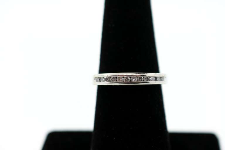 Romantic 10k White Gold Channel Set Diamond Ring with Heart Engravings