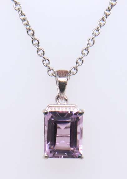 Sterling Silver Emerald Cut Amethyst Pendant on Chain