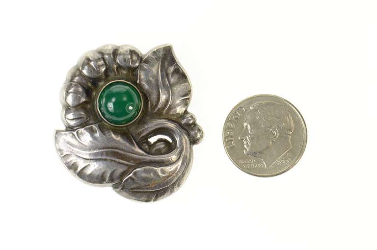 Sterling Silver Georg Jensen Green Agate Ornate Leaf 71 Pin/Brooch